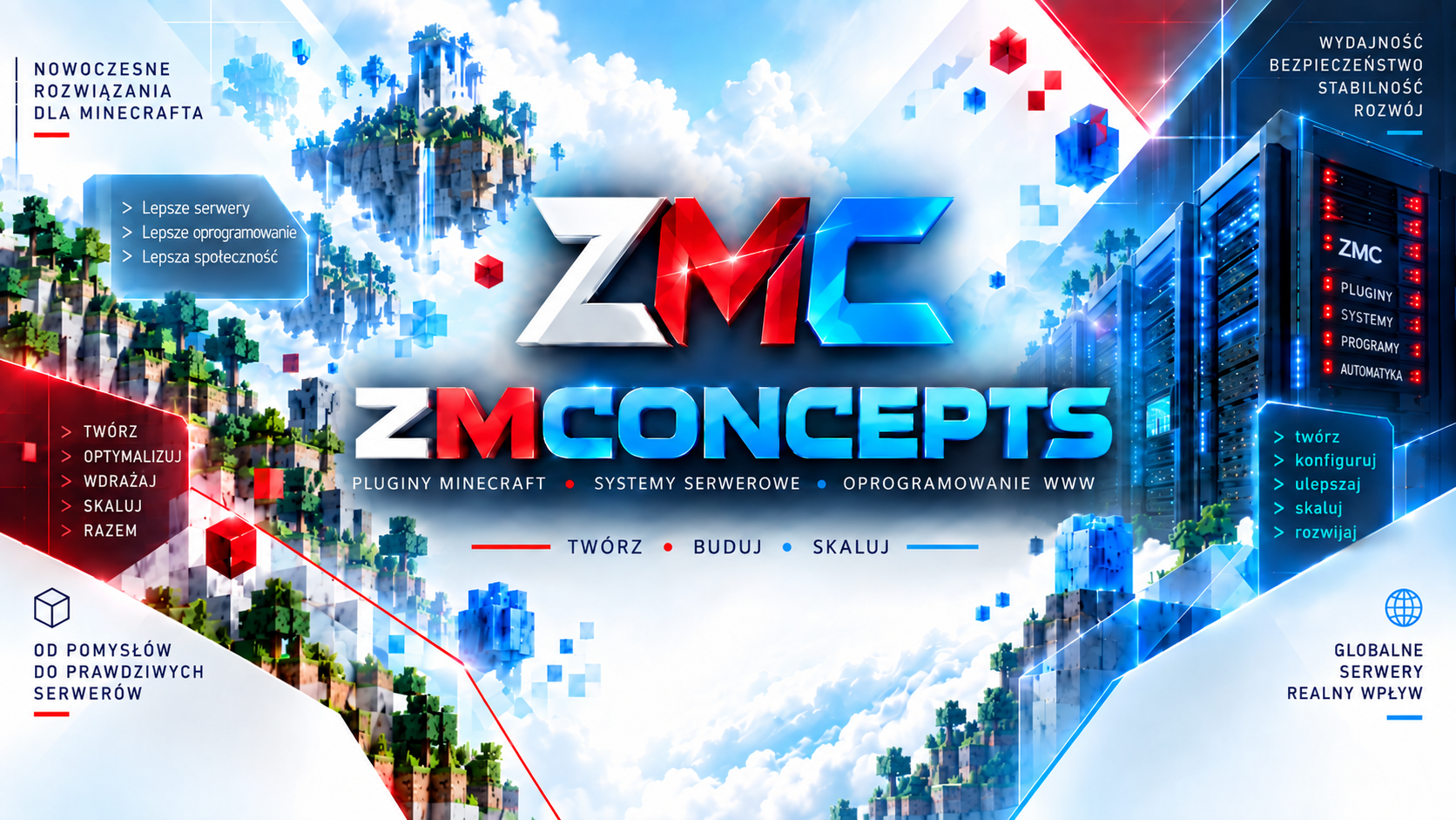 Banner ZMConcepts z krainami Minecraft, serwerami i logo ZMC.