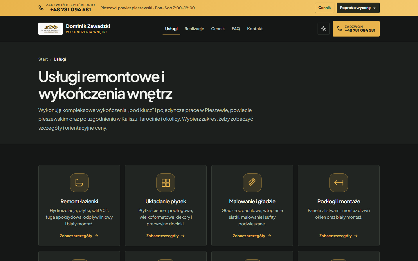 Podstrona usług remontowych witryny Dominik Zawadzki Wykończenia